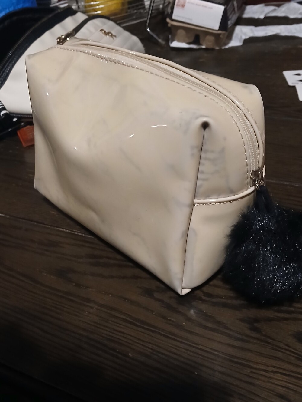 Nordstrom Cream Cosmetic Bag with Black Pom Pom
